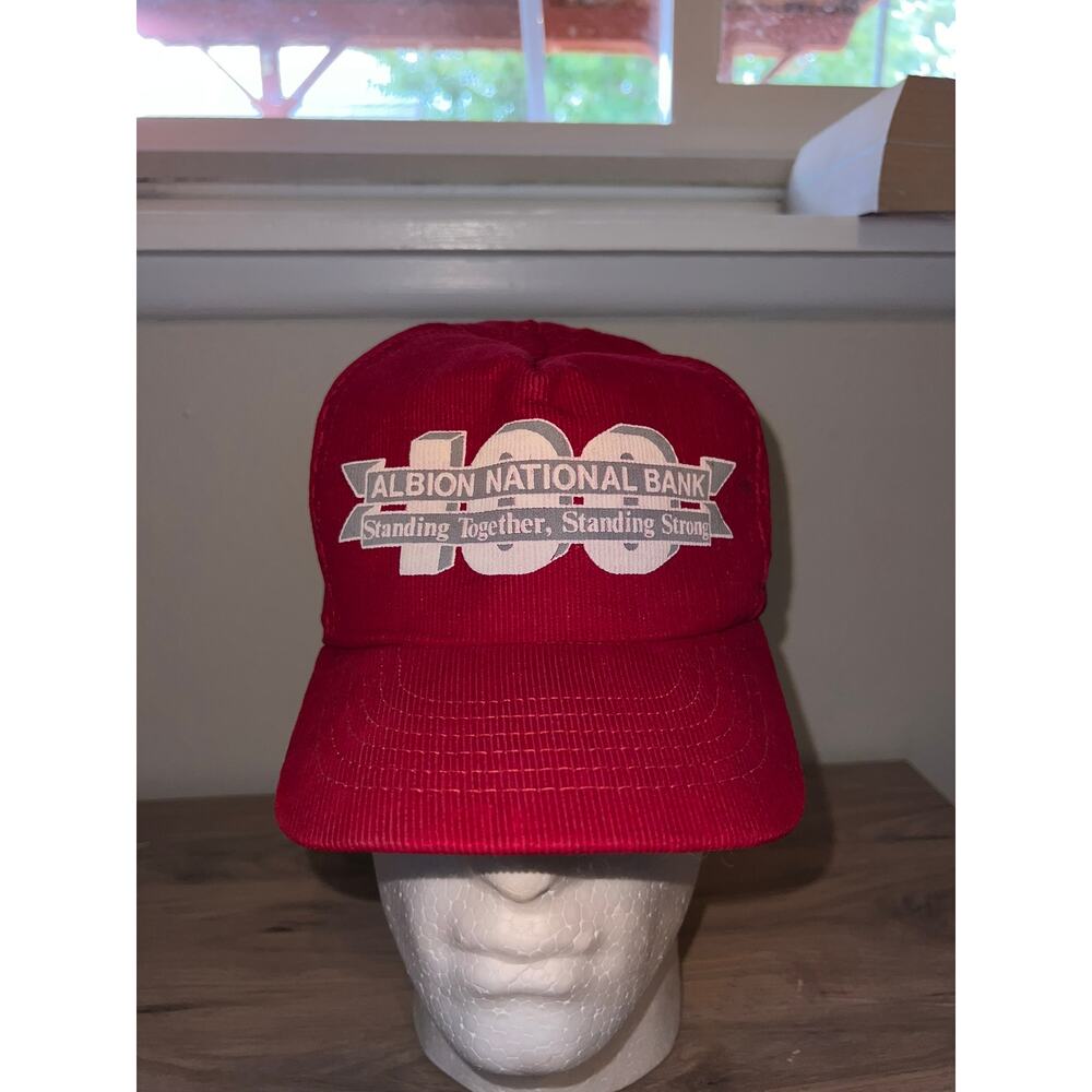 Vintage 1989 Albion National Bank 100 Years Red Corduroy Hat Headwear